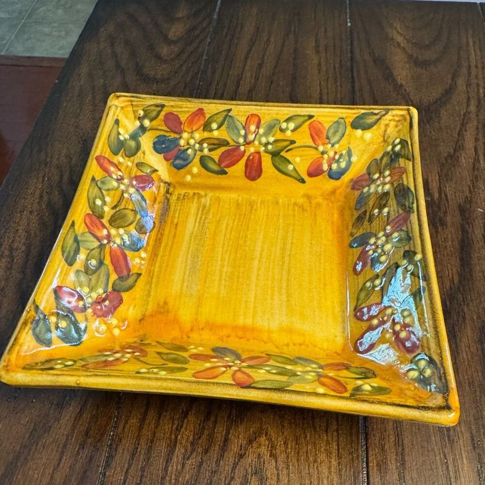 Hand Painted French Floral Square Trinket Dish Yellow Burgundy Flowers